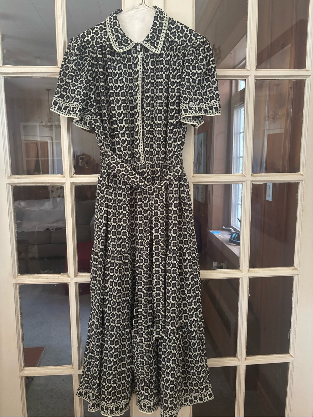 Max Studio Black and White Printed Midi Dress with Peter Pan Collar